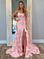 Tiered Strapless Prom Dresses with Applique Mermaid Sweet 16 Dress