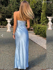 Elegant Satin Blue Strapless Mermaid Wedding Guest Dress,Prom Dress