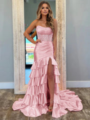 Tiered Strapless Prom Dresses with Applique Mermaid Sweet 16 Dress