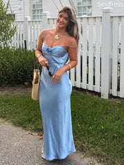 Gorgeous Blue  V-neck Spaghetti Strap 3D Flower Mermaid Wedding Guest Dress,Prom Dress