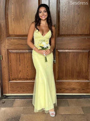 Gorgeous Yellow V-neck Spaghetti Strap Lace Appliques Mermaid Long Evening Dress,Prom Dress