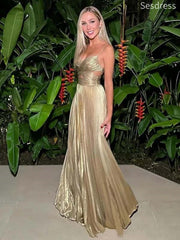 Unique V-neck Spaghetti Strap Pleats A-line Long Evening Dress,Prom Dress