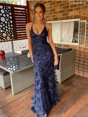 Unique Navy V-neck Spaghetti Strap Lace Appliques Long Evening Dress,Prom Dress