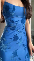 Gorgeous Blue Square Spaghetti Strap Appliques Long Evening Dress,Prom Dress