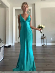 Elegant Turquoise V-neck Backless Mermaid Wedding Guest Dress,Prom Dress