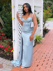 Classic Blue Sweetheart Spaghetti Side Slit Pleats Mermaid Wedding Guest Dress,Prom Dress