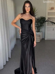 Elegant Black Satin Sweetheart Strapless Mermaid Side Slit Long Evening Dress,Prom Dress