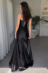 Elegant Black Satin Sweetheart Strapless Mermaid Side Slit Long Evening Dress,Prom Dress