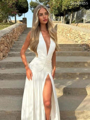 Sexy V-neck Halter Backless Side Slit A-line Long Evening Dress,Prom Dress