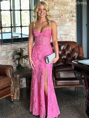 Gorgeous Sweetheart Strapless Side Slit Lace Appliques Mermaid Long Evening Dress,Prom Dress