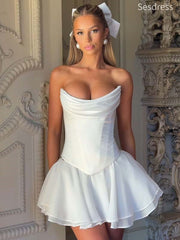Elegant White Strapless Lace Up A-line Short Mini Dress Homecoming Dress