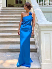 Elegant Blue One Shoulder Backless Side Slit Wedding Guest Dress,Prom Dress