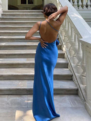 Elegant Blue One Shoulder Backless Side Slit Wedding Guest Dress,Prom Dress