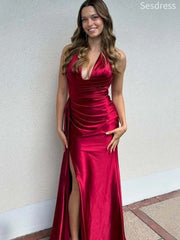 Elegant Burgundy V-neck Halter Side Slit Memraid Wedding Guest Dress,Prom Dress