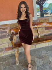 Unique Velvet Spaghetti Strap Lace Up Bodycon Short Mini Dress Homecoming Dress