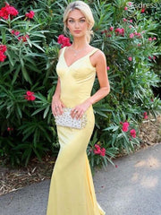 Elegant Yellow V-neck Straps Backless Memraid Wedding Guest Dress,Prom Dress