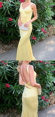Elegant Yellow V-neck Straps Backless Memraid Wedding Guest Dress,Prom Dress