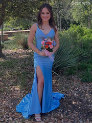 Elegant V-neck Spaghetti Strap Side Slit Memraid Wedding Guest Dress,Prom Dress
