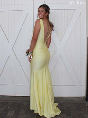 Elegant Yellow V-neck Straps Backless Memraid Wedding Guest Dress,Prom Dress