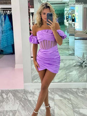 Elegant Purple Off tthe Shoulder See Through Strapless Bodycon Short Mini Dress Homecoming Dress