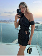 Elegant Black One Shoulder 3D Flower Pleats Bodycon Short Mini Dress Homecoming Dress