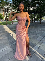 Gorgeous Sweetheart Pink Strapless Lace Appliques Mermaid Long Evening Dress,Prom Dress