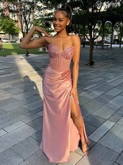 Gorgeous Sweetheart Pink Strapless Lace Appliques Mermaid Long Evening Dress,Prom Dress