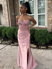 Gorgeous Sweetheart Pink Strapless Lace Appliques Mermaid Long Evening Dress,Prom Dress