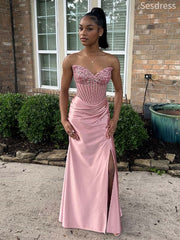 Gorgeous Sweetheart Pink Strapless Lace Appliques Mermaid Long Evening Dress,Prom Dress