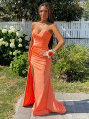 Elegant Sweetheart Strapless Mermaid Side Slit Pleats Mermaid Long Evening Dress,Prom Dress