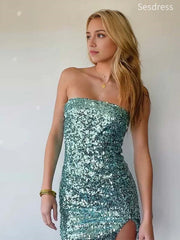 Sparkly Sequins Lake Green Strapless Bodycon Short Mini Dress Homecoming Dress