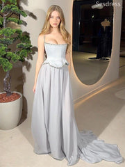 Premium Silver Gray Beaded Spaghetti Strap A-line Long Evening Dress,Prom Dress