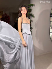 Premium Silver Gray Beaded Spaghetti Strap A-line Long Evening Dress,Prom Dress