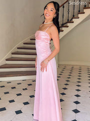 Simple Pink Satin Lace Up Spaghetti Strap A-line Wedding Guest Dress,Prom Dress