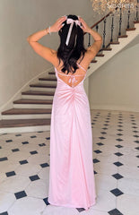 Simple Pink Satin Lace Up Spaghetti Strap A-line Wedding Guest Dress,Prom Dress