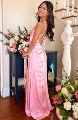 Simple Pink Satin Lace Up Spaghetti Strap A-line Wedding Guest Dress,Prom Dress