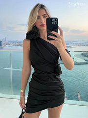 Elegant Black One Shoulder 3D Flower Pleats Bodycon Short Mini Dress Homecoming Dress