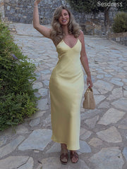 Elegant Yellow V-neck Spaghetti Strap Mermaid Wedding Guest Dress,Prom Dress
