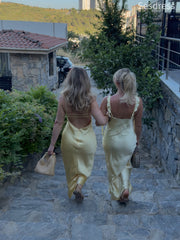 Elegant Yellow V-neck Spaghetti Strap Mermaid Wedding Guest Dress,Prom Dress