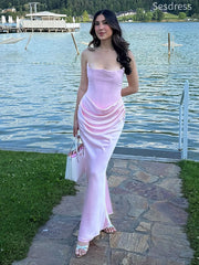 Unique Neck Pink Strapless Pleats Mermaid Wedding Guest Dress,Prom Dress