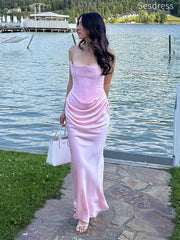Unique Neck Pink Strapless Pleats Mermaid Wedding Guest Dress,Prom Dress
