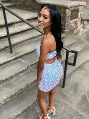 Sparkly V-neck Spaghetti Strap Bodycon Short Mini Dress Homecoming Dress