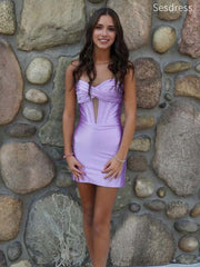 Elegant Sweetheart Satin Purple Strapless Bodycon Short Mini Dress Homecoming Dress