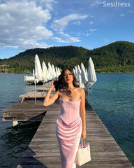 Unique Neck Pink Strapless Pleats Mermaid Wedding Guest Dress,Prom Dress