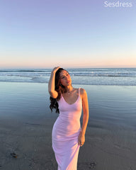Elegant V-neck Pink Spaghetti Strap Backless Mermaid Wedding Guest Dress,Prom Dress