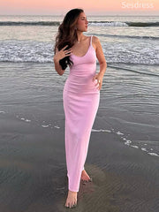 Elegant V-neck Pink Spaghetti Strap Backless Mermaid Wedding Guest Dress,Prom Dress