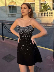 Sparkly Black Beaded Strapless Bodycon Short Mini Dress Homecoming Dress