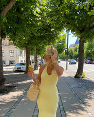 Sexy Yellow V-neck Halter Mermaid Wedding Guest Dress,Prom Dress