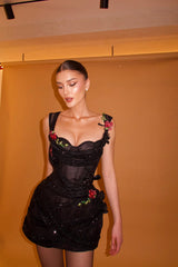 Gorgoeus Black Sweetheart Appliques A-line Short Mini Dress Homecoming Dress