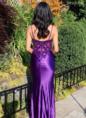 Gorgeous V-neck Illusion Purple See Through Lace Appliques Mermaid Long Prom Dress